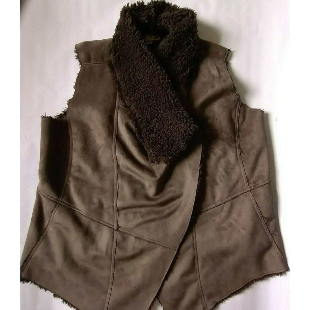 Au Lieu Vest Faux Suede Sherpa Lined Drape Collar Open Front Women Size 1X Brown